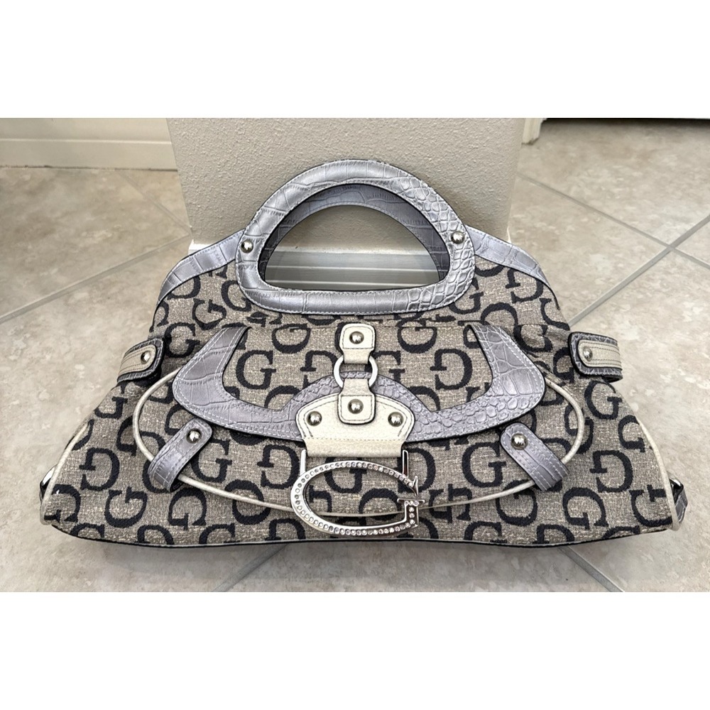 VTG GUESS Y2K Silver Monogram Rhinestone Big‎ G Faux Snake Accent Handbag Purse